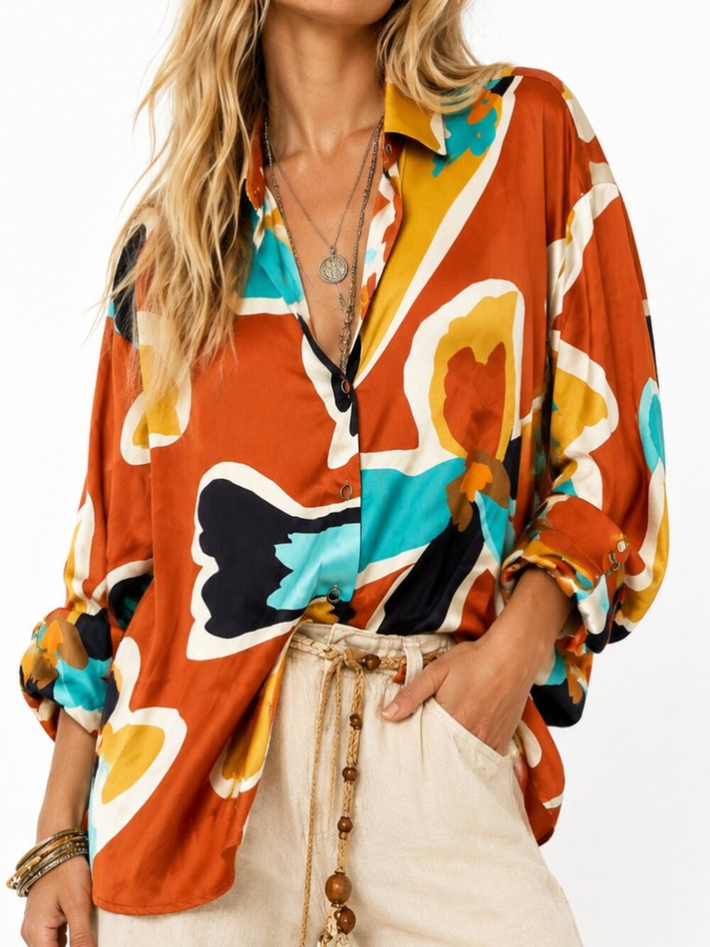 HOUSE OF HARLOW 1960 Rust Abstract Floral Satin Button Down Blouse Size S EUC